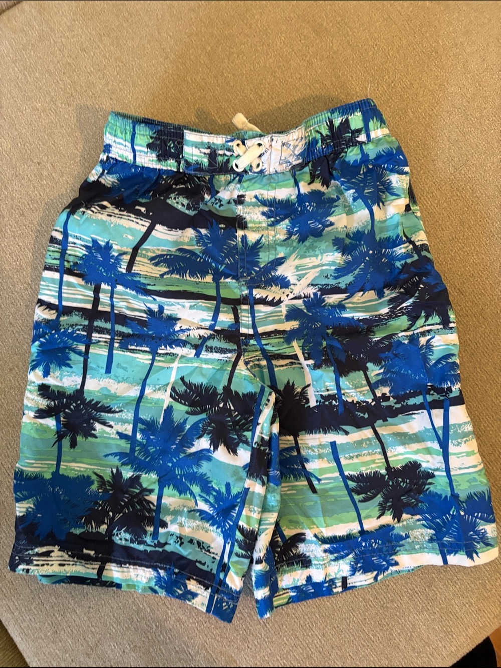 Kids Blue & Green Palm-Print Swim Trunks